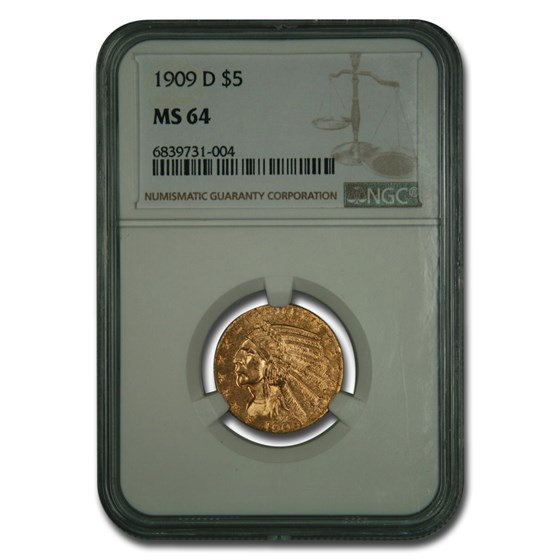 1909-D $5 Indian Gold Half Eagle MS-64 NGC 1909-D $5 Indian Gold Half Eagle MS-64 NGC